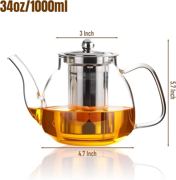 PARACITY Glass Teapot Stovetop 34 OZ, Borosilicate Clear Tea Kettle with Removable 18/8 Stainless Steel Infuser, Teapot Blooming and Loose Leaf Tea Maker Tea Brewer for Camping, Travel