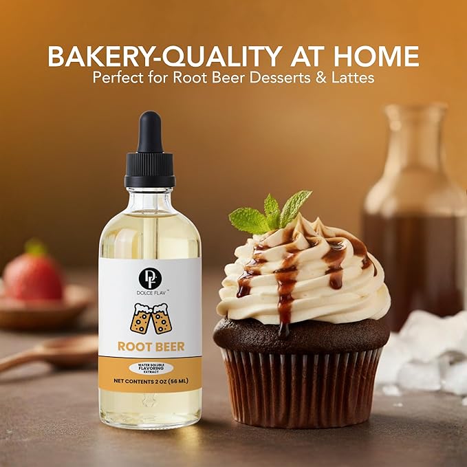 Dolce Flav Root Beer Extract - 2 Ounce Water-Soluble Multipurpose Flavoring Ideal for Baking, Beverages (Coffee, Water Mocktails), and Ice Cream - Root Beer Essence Perfect for Weight Management