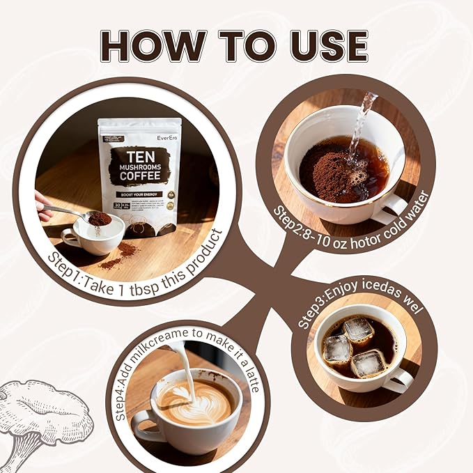 Organic Mushroom Coffee, 10-in-1 Blend Featuring Lions Mane, Cordyceps, Ginseng, and more. This Instant Coffee Boosts Energy, Digestion, and Immunity. Everyday Coffee Dose, 30 Servings