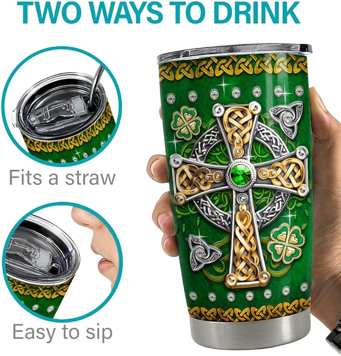 SANDJEST Irish Tumbler 20oz Celtic Cross Stainless Steel Tumbler with Lid Gifts for Women Birthday Christmas