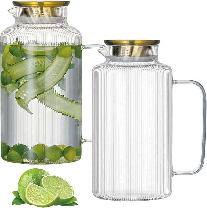 2 PACK Glass Pitcher with Lid And Handle, 84oz/2.5L Liter Classic Vertical Stripes Fridge Water Pitcher,Glass Water Carafe for Coffee, Lemonade, Iced Tea,Sun Tea, Beverage, Heat Resistant