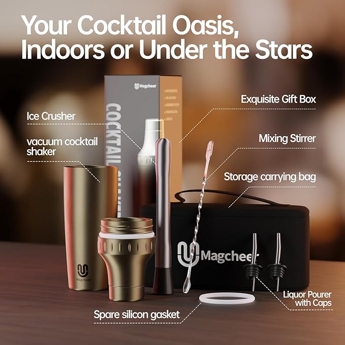 Hybrid Cocktail Shaker Set | Vacuum Insulated Stainless Steel Martini Shaker with Strainer & Jigger Lid | Travel cocktail kit with Bartender Accessory Tools | 30oz | Gold