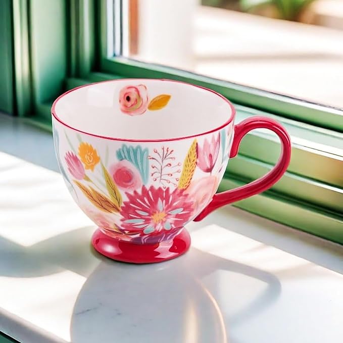 Autumn Handmade Large Ceramic Coffee Mug (20oz) Cute Cereal Vintage Flower Mugs Cozy Fall Gift Cup for Breakfast Oatmeal Tea & Hot Drinks with Floral Design