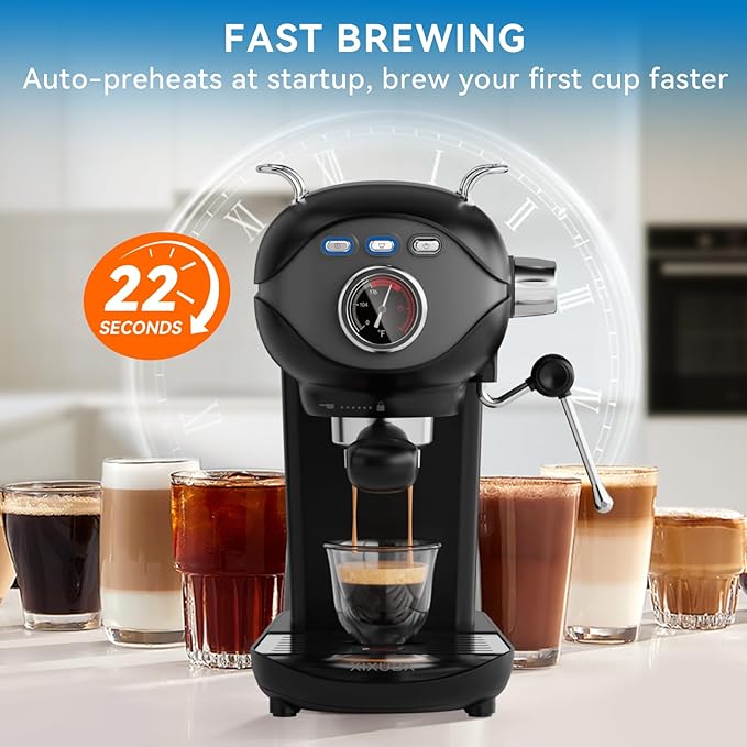 Espresso Machine, 20 BAR Pump Temperature Control, Compact Espresso Maker with Steam Milk Frother, Professional Coffee Makers for Home, Cappuccino, Latte, Gifts for Coffee Lover, Black