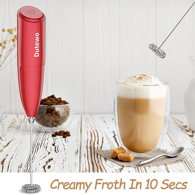 Hand Mixer Milk Frother for Coffee - Dutewo Frother Handheld Foam Maker for Lattes, Electric whisk Drink Mixer Mini Foamer for Cappuccino, Frappe, Matcha, Hot Chocolate, Red 199C