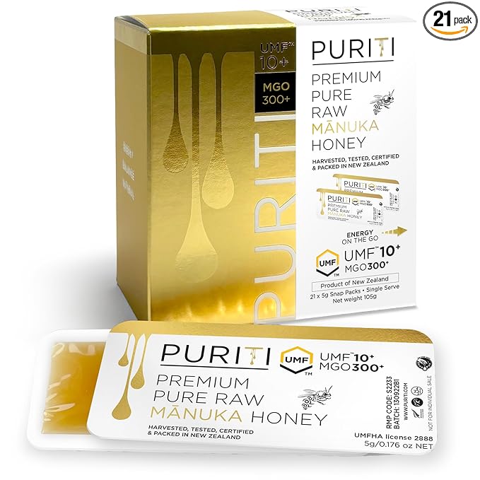 PURITI Genuine Raw Manuka Honey Snaps On The Go - UMF 10+ (MGO300+) 21 x 0.18oz Individual Snap Packets, Single Serve Honey Sticks for Tea, Travel & Snacks, Certified, Authentic Made in New Zealand