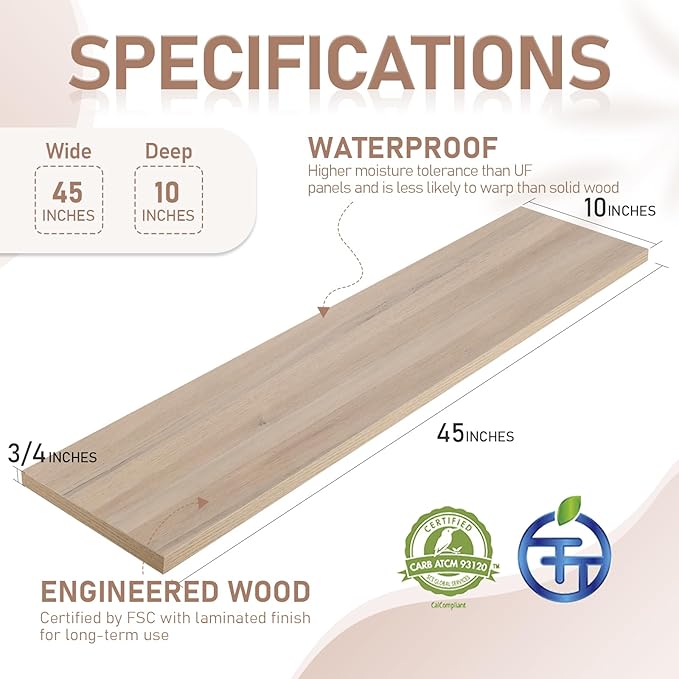 Kaboon 45 inch Long 10 inch Deep Floating Shelves for Wall Set of 2, Large Open Shelves Wall Mounted, Space Saving Home and Commercial Use,Oak/Grey Tone