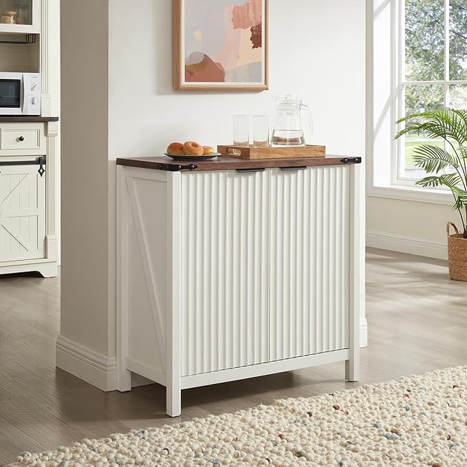 32-inch Fluted Sideboard Cabinet - Rustic Modern Farmhouse Storage Organizer with Adjustable Shelves, Coffee Bar, Entryway Furniture for Kitchen, Living Room (Antique White)