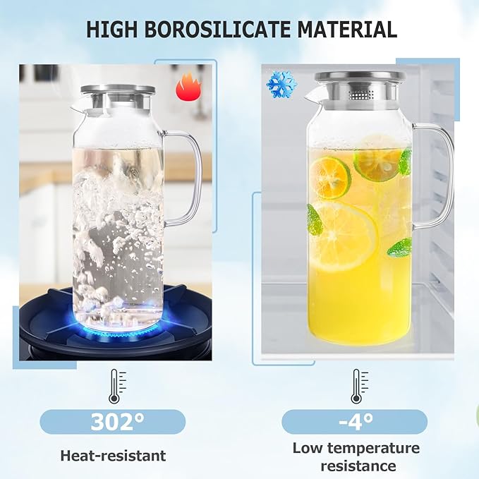 Yirilan Glass Pitcher, 2.3 Liter Beverage Pitcher with Lid for Hot & Cold Water, Iced Tea & Juice Drink - Includes Cup Brush