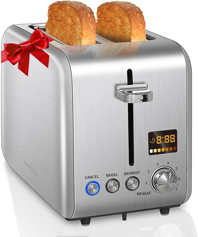 SEEDEEM 2 Slice Toaster - Stainless Steel With Color LCD Display, 7 Bread Shade Settings, 1.4'' Wide Slots, Bagel/Defrost/Reheat Functions, Removable Crumb Tray, 900W, Silver Metallic