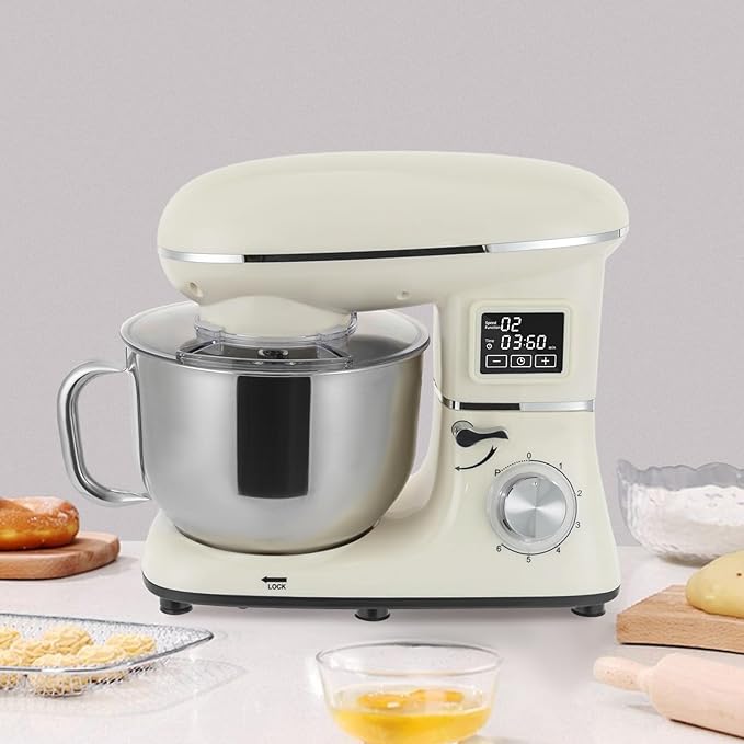 Stand Mixer, 6 +1 Speeds Electric Food Mixer, Portable Kitchen Mixer for Daily Use with Egg Whisk,Dough Hook,Flat Beater Used in Kitchens, Small Restaurants, Bakeries (White)