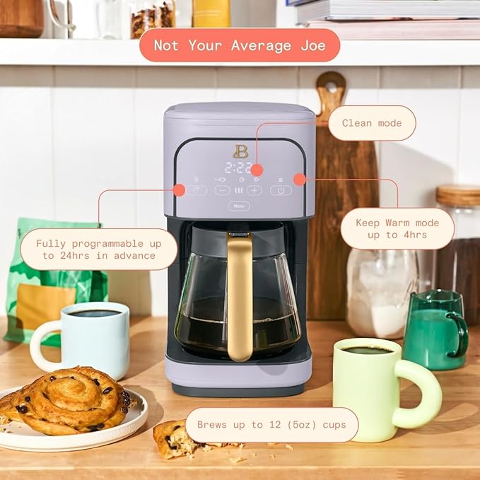 Beautiful 12 Cup Programmable Coffee Maker, Drip Coffee Machine with Glass Carafe, Automatic Brew Strength Control, Espresso Maker Function, Compact Espresso Machine (Lavender)