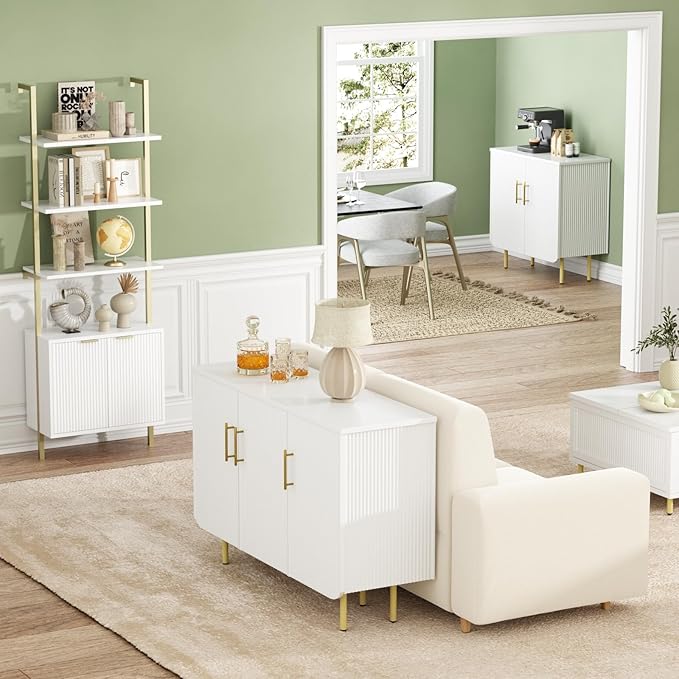 Vabches Fluted White Storage Cabinet, 2 Doors Modern Sideboard Buffet Cabinet with Adjustable Shelves and Metal Leg, Accent Cabinet for Living Room, Dining Room, Entryway (White & Gold)