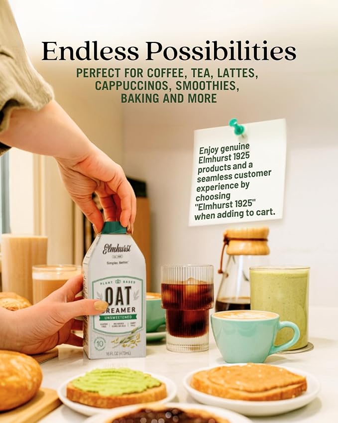 Elmhurst 1925 Unsweetened Oat Creamer - 16 Ounce (Pack of 6) Dairy-Free, Vegan, Kosher, No Sugar, Shelf Stable Creamer Made with Whole Grain Oats for Healthier, Simpler Plant Based Alternatives