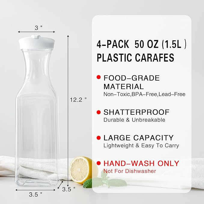 50 Oz Water Carafe with Lids, Square Plastic Pitcher for Mimosa Bar, Drinks, Milk, Iced Tea, Juice Container for Fridge, BPA-Free, NOT DISHWASHER SAFE (6 Pack)