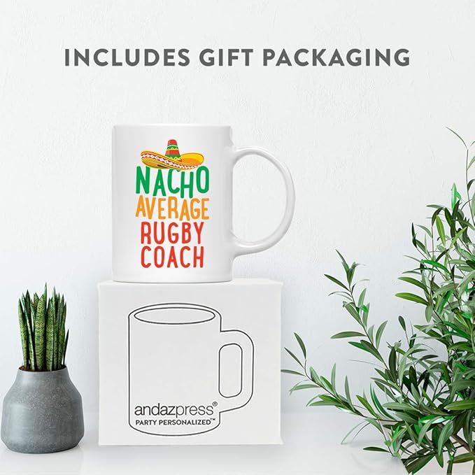 Andaz Press Funny Quirky 11oz. Ceramic Coffee Tea Mug Gag Gift, Nacho Average Rugby Coach, 1-Pack, Spanish Themed Birthday Christmas Gift Ideas Coworker Him Her, Includes Gift Box