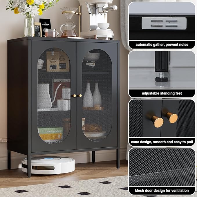 Metal Storage Cabinet，Small Cabinet with 2 Mesh Doors, Pantry Storage Cabinet with Adjustable Shelf, Black Accent Cabinet for Home, Office, Living Room,Dining Room,Sideboard, Hallway and Entryway