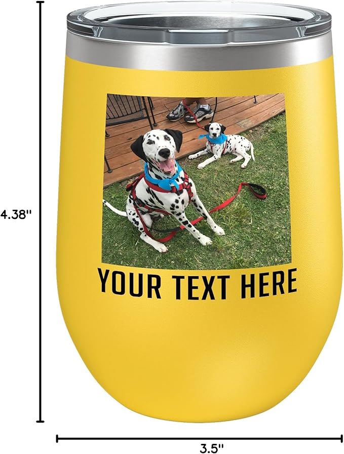Personalized 12oz (17 Colors) Mother's Day Photo Picture Printed Insulated Stainless Steel Powder Coated Stemless Wine Tumbler with Lid, Customized Gift Idea for Her, Coach Gifts Team Mom Dad (Yellow)