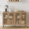 47" W Buffet Cabinet with 4 Slatted Doors, Mid-Century Buffet Sideboard with Shelves, Accent Storage Cabinets Cupboard Console for Living Room Kitchen Hallway, Oak