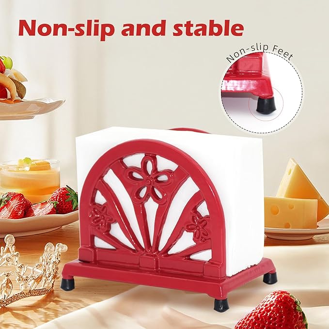 Napkin Holder for Table, Vintage Cast Iron Paper Napkins Tissue Dispenser with Daffodil Pattern for Kitchen Dining Room Countertop Decor, Red