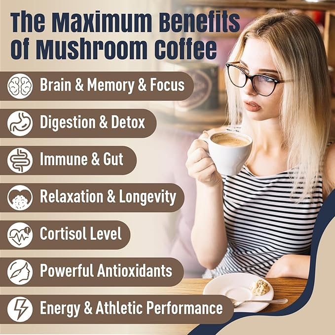Mushroom Coffee, 11 Superfood Mushrooms includes Lion's Mane, Reishi, Chaga & Ashwagandha, Instant Mushroom Coffee Organic for Energy, Memory, Degestion & Detox, Low Caffeine & Sugar Free, 5.3oz
