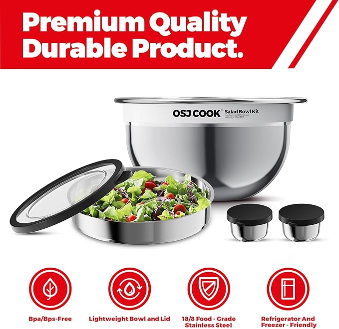 18/8 Stainless Steel Salad Bowl Kit - 74oz, Mixing Bowls with Lids Set, Teakwood - Comes with 1.7oz Condiment Container and Removable Tray for Organization - Leak-Proof, Dishwasher Safe (Mirror)