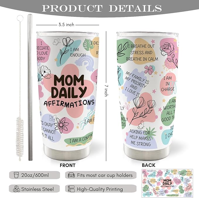 Mom Daily Affirmations 20oz Stainless Steel Insulated Travel Mug Tumbler with Lid and Straw