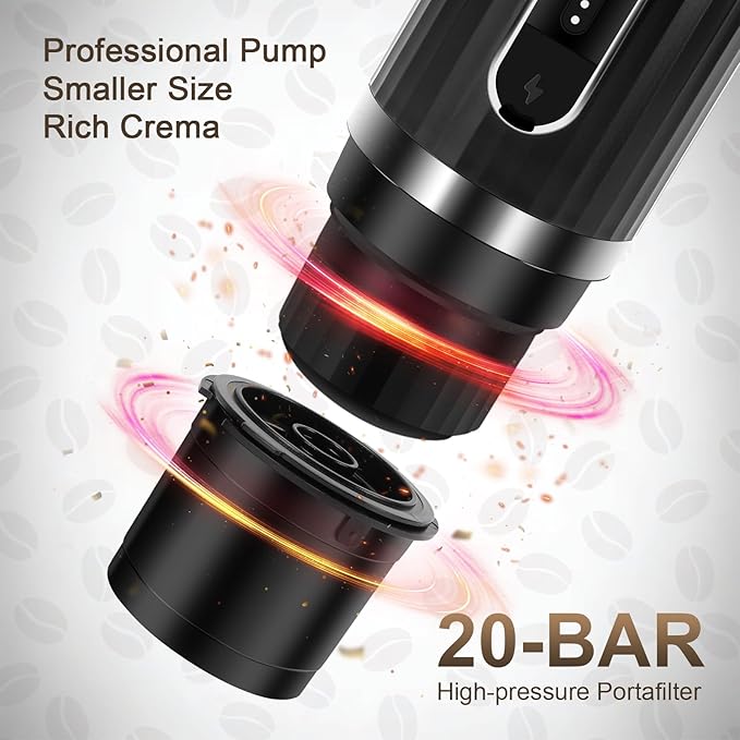 Portable Espresso Machine, Travel Espresso Maker, Car Coffee Maker Self-Heating with USB-C, Compatible with Ground Coffee & Capsules (NS＆DG) for RV, Hiking, Camping, Office