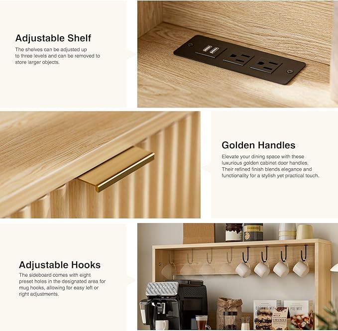 Coffee Bar Cabinet with Storage, Modern Sideboard with Drawers, Shelves, Outlet and Fluted-Door for Kitchen, Dinning Room, Living Room, Natural