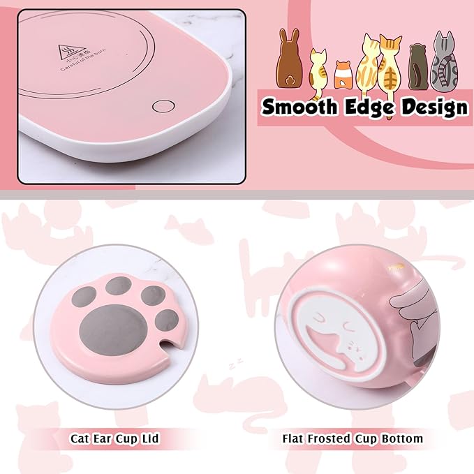 Honeydak Coffee Mug Warmer Cute Cat Mug Set Cup Warmer for Desk for Women Heated Coffee Warmer for Mom Home Office Christmas Birthday Gifts(Pink)