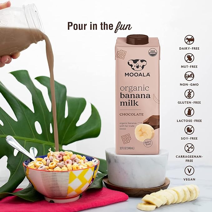 Mooala – Organic Chocolate Bananamilk, 32 fl oz (Pack of 6) – Shelf-Stable, Non-Dairy, Nut-Free, Gluten-Free, Plant-Based Beverage