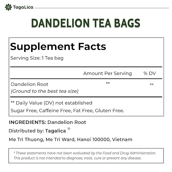 Tagalica, Premium 25 Dandelion Root Tea Bags, 100% Natural & Pure from Dandelion Root, Eco-Conscious Tea Bags, Herbal Tea. No Sugar, No Caffeine, No Gluten, Vegan.