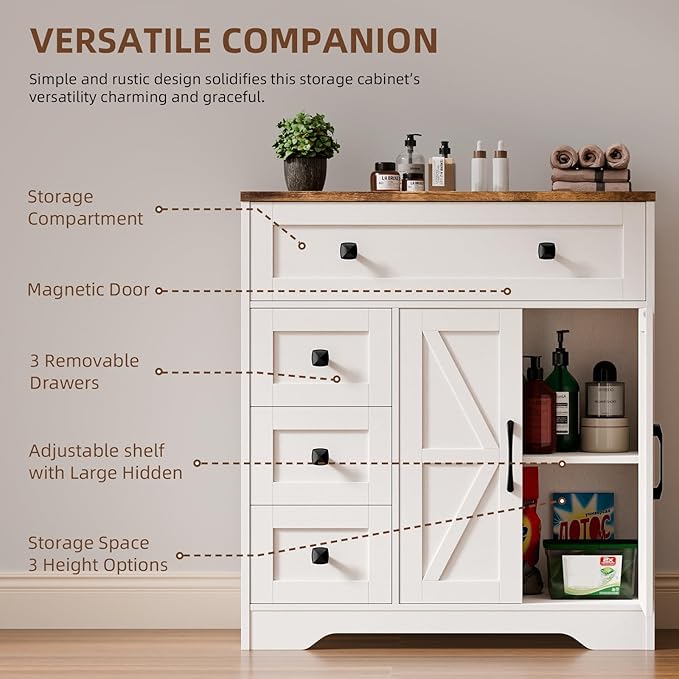Vabches Farmhouse Storage Cabinet with 2 Doors and 4 Drawers, Freestanding Bathroom Storage Cabinet Kitchen Pantry, Floor Hutch Cupboard for Living Room/Bathroom/Kitchen,(Antique White)