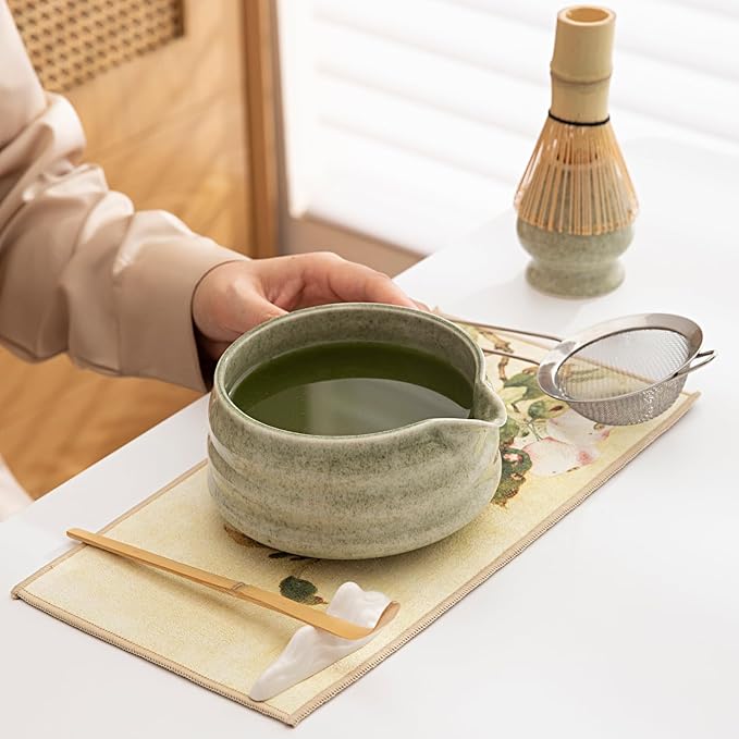 Matcha Set, Matcha Bowl with Spout, Matcha Whisk and Holder, Bamboo matcha Scoop and Stainless Sifter - 7 Pcs Jade Green Matcha Set Kit for Matcha Lover