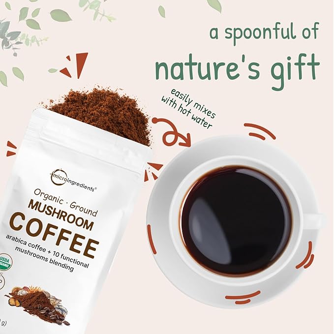 Micro Ingredients Organic 10 in 1 Ground Mushroom Coffee, 24 Ounce | Premium Arabica Coffee with Lion's Mane, Chaga, Reishi, & More | Smooth Medium Roast, Clean Energy, & Immune Support