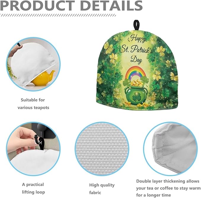 Money Jar Tea Pot Cover Green Tea Insulated Cosy Keep Warm Tea KettleCcover Lucky Leaf Teapot Dust Protector for St. Patrick's Day