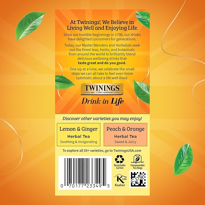 Twinings Mango & Pineapple Herbal Tea Individually Wrapped Bags, 20 Count (Pack of 2), Naturally Caffeine-Free, Enjoy Hot or Iced, 20 Teabags