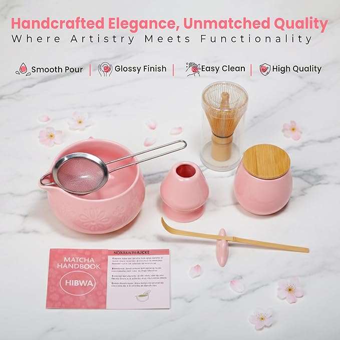 Matcha Whisk Set Traditional Matcha Set with Matcha Bowl | Complete Matcha Kit for Japanese Tea Ceremony - Pink
