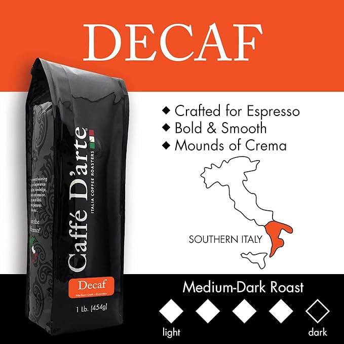Caffé D'arte Decaf Whole Bean Espresso – Medium Dark Roast, Bold & Smooth Flavor with Rich Crema – Fresh Roasted in Seattle, Crafted for Espresso Machines – 1 lb Bag, Pack of 2