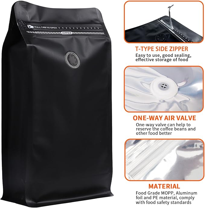 50 Pcs Upgraded Coffee Bags with Valve (Black, 16 oz/1 lb), Black High Barrier Aluminum Foil Flat Bottom Standing Coffee Bean Storage Bags, Heat Sealable Resealable Bag for Home.