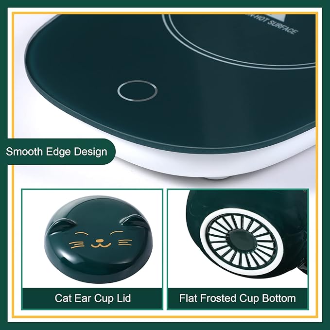 Honeydak Coffee Mug Warmer Cute Cat Mug Set Cup Warmer for Desk for Women Heated Coffee Warmer for Mom Home Office Christmas Birthday Gifts(Green)