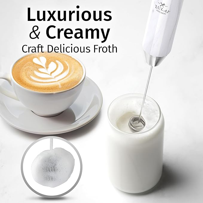 Zulay Kitchen Lux Electric Milk Frother Rechargeable Handheld - Powerful 2-Speed Motor, Waterproof, 2000mAh Battery - Drink Mixer for Latte, Cappuccino, Matcha & Protein Powder - White Marble