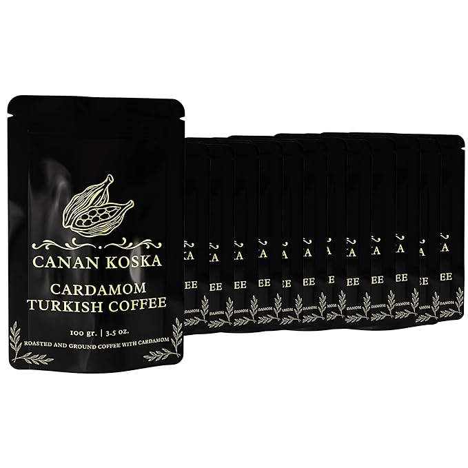 Canan Koska Cardamom Turkish Coffee - Premium Ground Coffee With Natural Cardamom Grounds, Medium Roast, Traditional Ottoman Recipe - 3.5oz (100g) - Pack Of 12