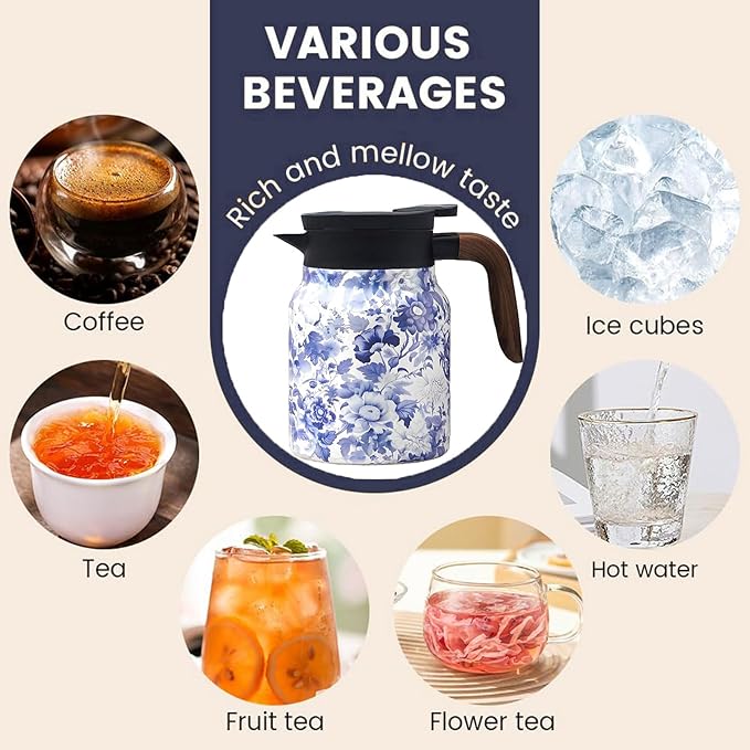 Vintage Pattern Coffee Carafes, 35 Oz/1 Liter - Hot and Cold With Infuser, Perfect for Parties/Home Use(Blue and white porcelain)