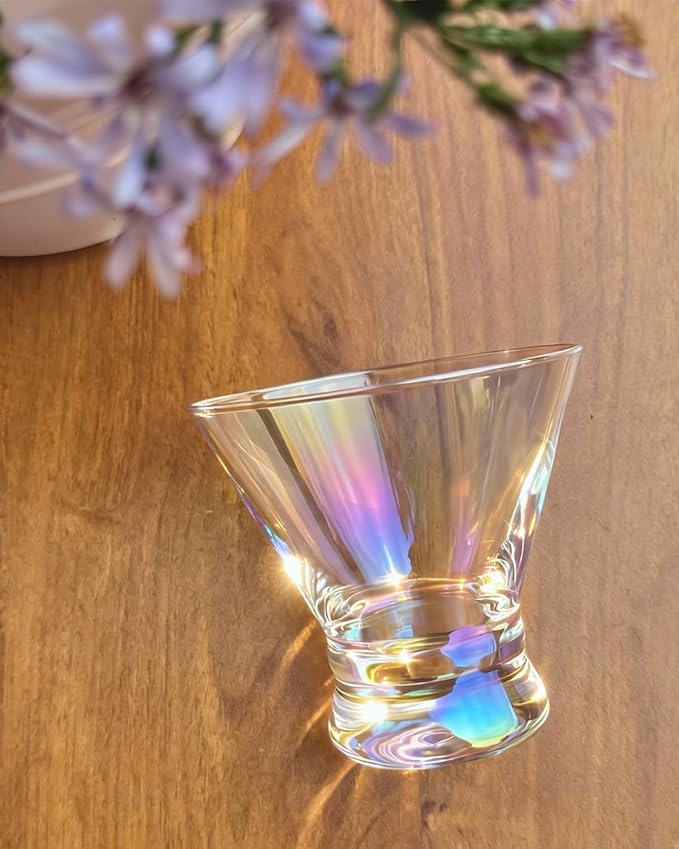 Iridescent Martini Glasses Set of 4 - Crystal Cocktail Glasses, Stemless Martini Glass for Bar, Martini, Cosmopolitan, Manhattan, Pisco Sour Brandy, Margarita Glasses, Dessert Cups, 8oz
