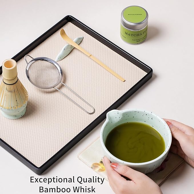 7Pcs Japanese Matcha Tea Set, Matcha Kit with Matcha Bowl (with Pouring Spout), Matcha Whisk, Whisk Holder, Strainer - Elegant Matcha Set for Gifting and Personal Use, Gift Box Packaging (Green spots)