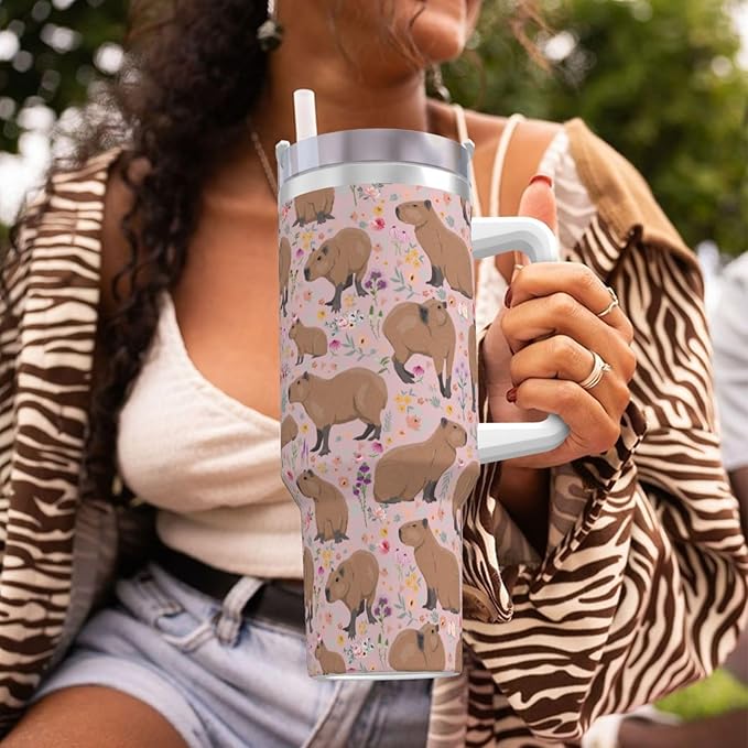 Capybara Gifts Capybara Tumbler Water Bottle Cups for Girls, Teens, Women, Men 40oz Stainless Steel Vacuum Insulated Tumbler with Lid and Straw for Water, Iced Tea or Coffee, Pink