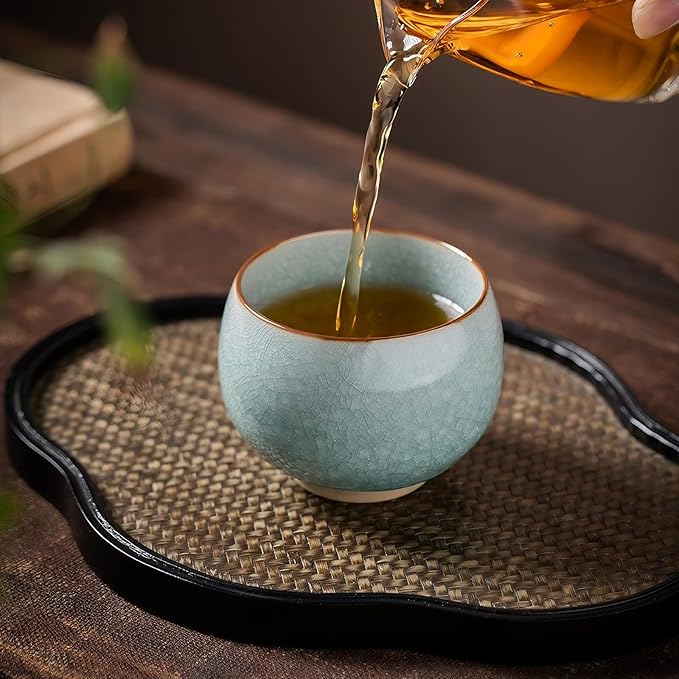 Tea Cup Set of 2 Porcelain Small Tea Cups 3.8oz Handmade Japanese Tea Cup Set, Asian Ceramic Teacups for Home, Party, Office, Chinese Kungfu Tea Set for Hot/Cold Drink (Meditation-Ice Crackle Glaze)