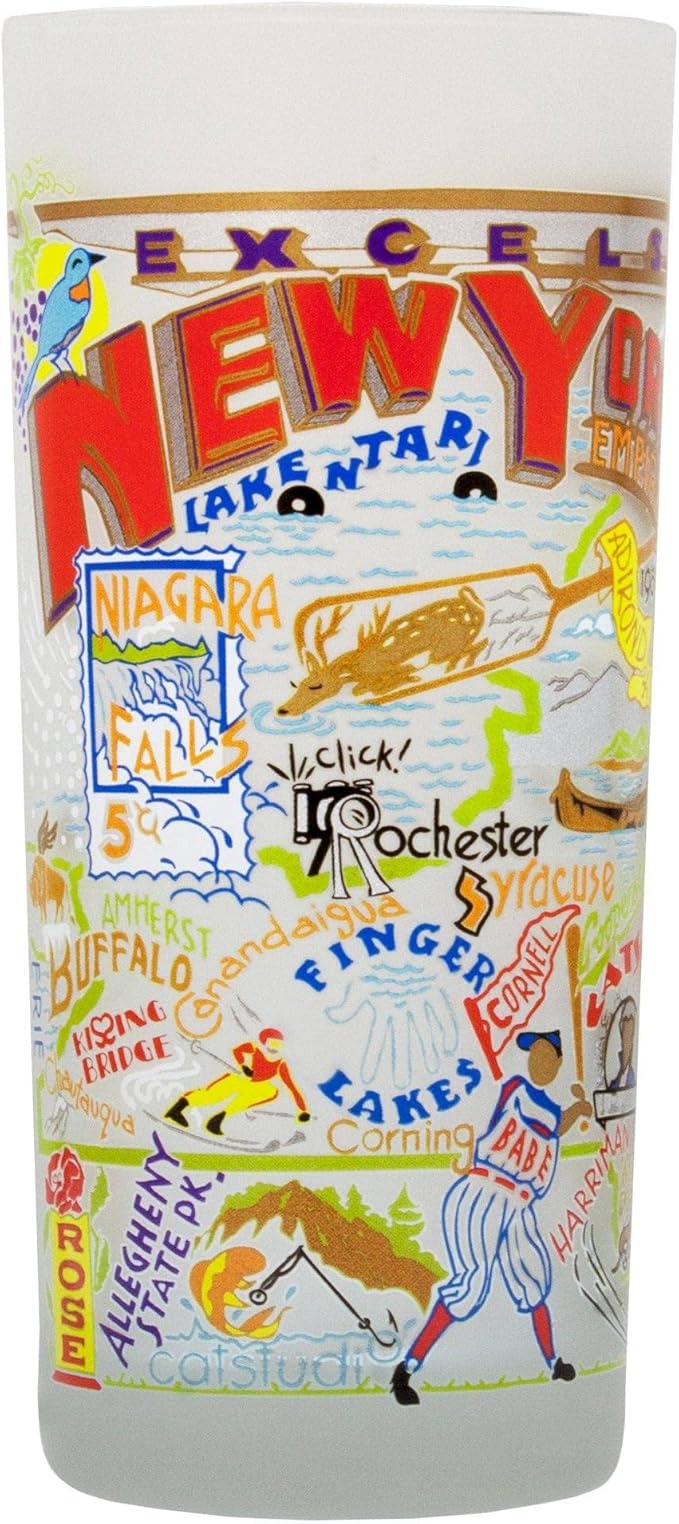 Catstudio Drinking Glass, New York Frosted Glass Cup for Kitchen, Drinking Glasses, 15oz Dishwasher Safe Tumbler for New York Lovers