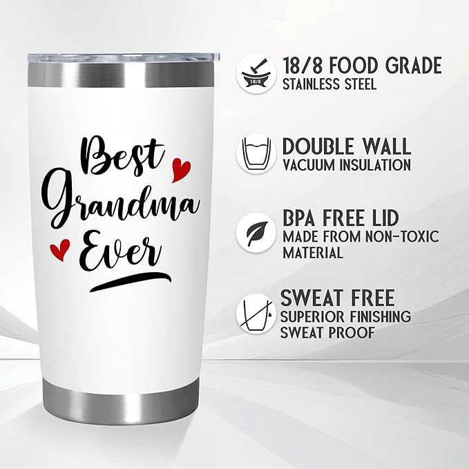 TEEZWONDER Christmas Birthday Gifts for Grandma from Granddaughter Grandson - Stainless Steel Insulated Coffee Tumbler with Lid 20 oz - Grandma Gifts for Women, Nana Gift Ideas, Gigi Gift for Women